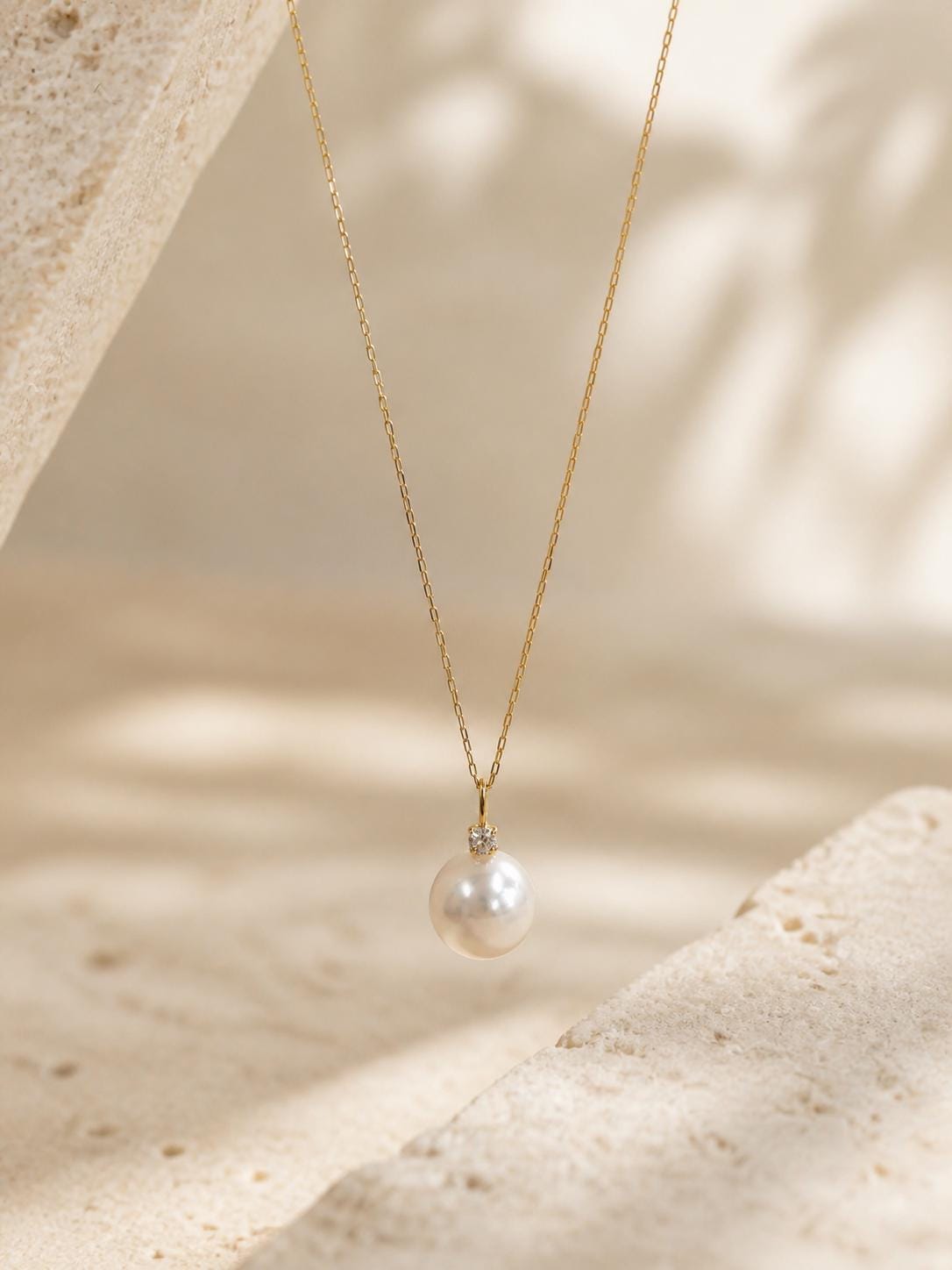 Japanese Akoya Pearl Necklace | 18K Solid Gold Diamond Accent Pearl Pendant, Made in Japan