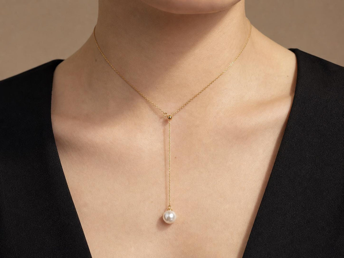 Japanese Akoya Pearl Y Necklace | 18K Gold Plated Sterling Silver, Made in Japan
