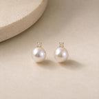 AAA Japanese Akoya Pearl Stud Earrings • Diamond Accent Bridal Jewelry