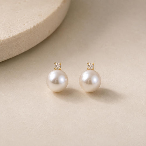 AAA Japanese Akoya Pearl Stud Earrings • Diamond Accent Bridal Jewelry