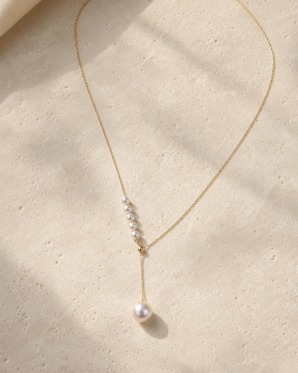 Japanese Akoya Pearl Y Necklace | Solid 18K Gold Lariat Necklace, Made in Japan