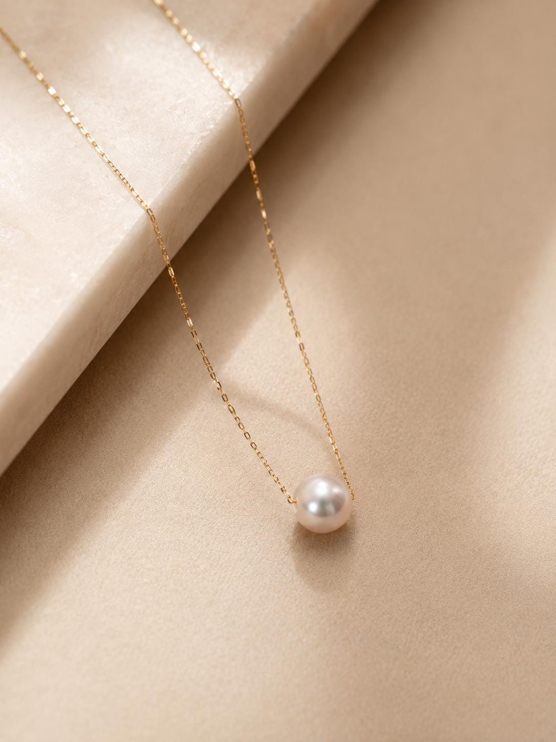Japanese Akoya Pearl Necklace | Solid 18K Gold, Floating Pearl Pendant, Made in Japan