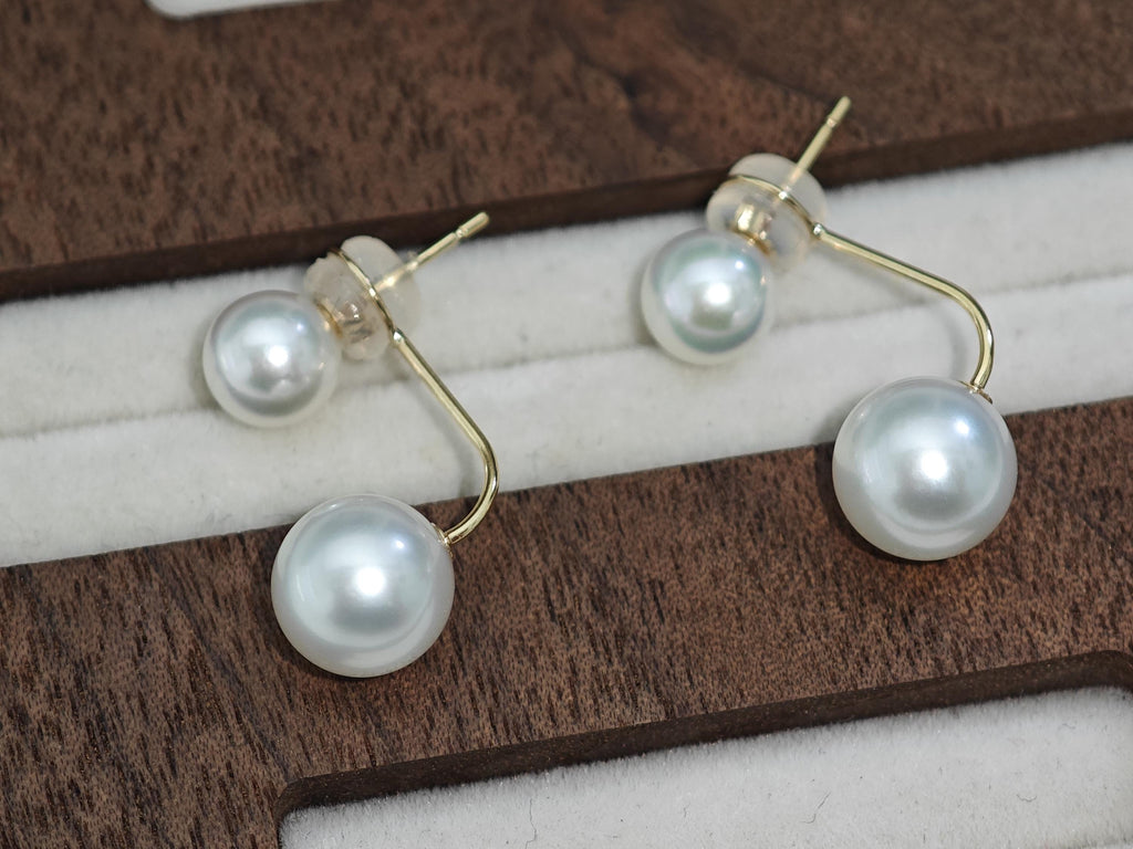 Japanese Akoya Pearl Ear Jackets • 18K Solid Gold Double Pearl Earrings