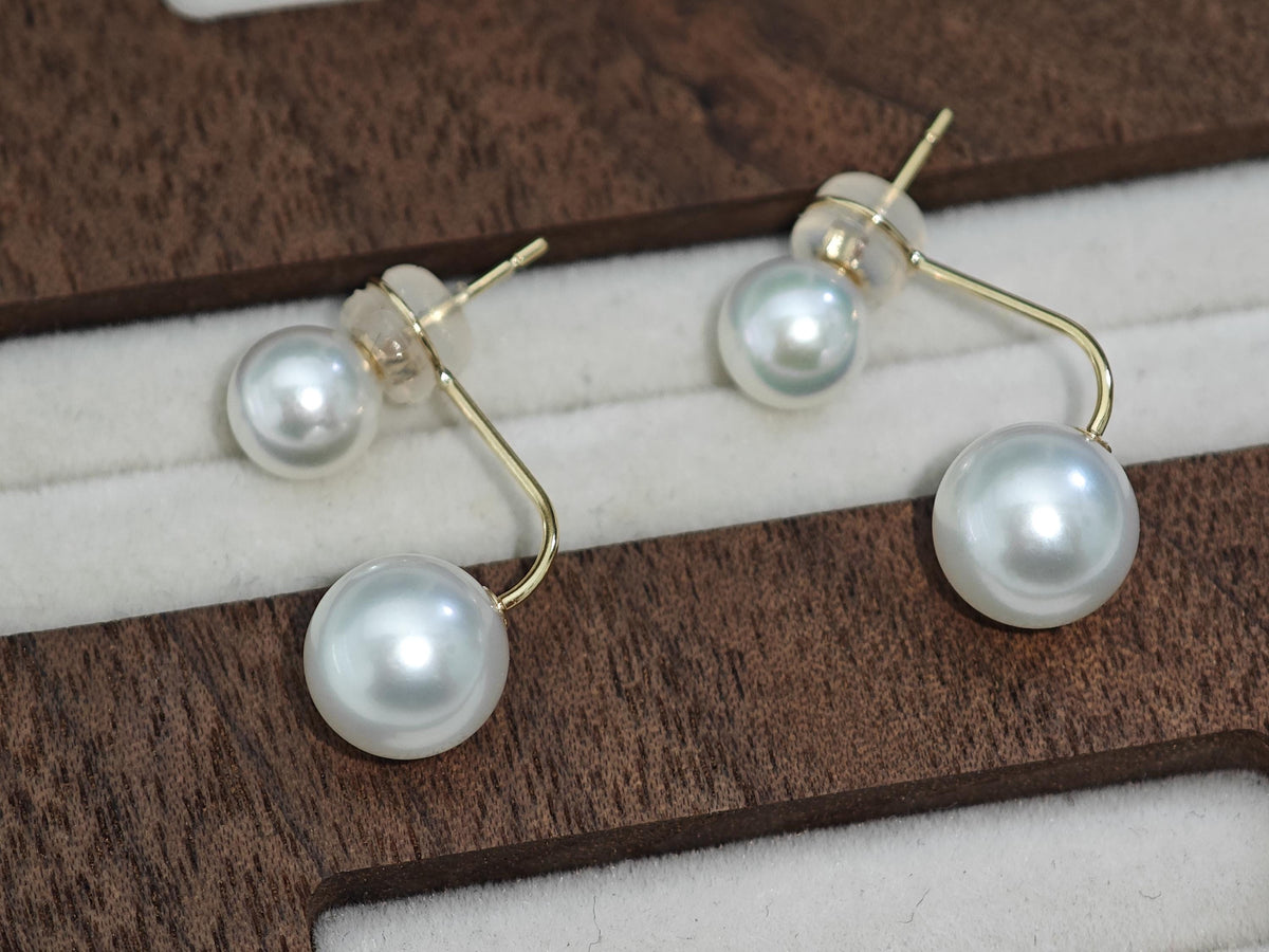 Japanese Akoya Pearl Ear Jackets • 18K Solid Gold Double Pearl Earrings