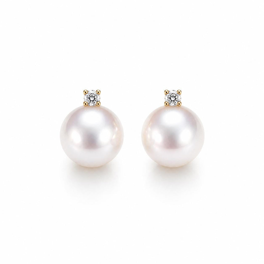 AAA Japanese Akoya Pearl Stud Earrings • Diamond Accent Bridal Jewelry