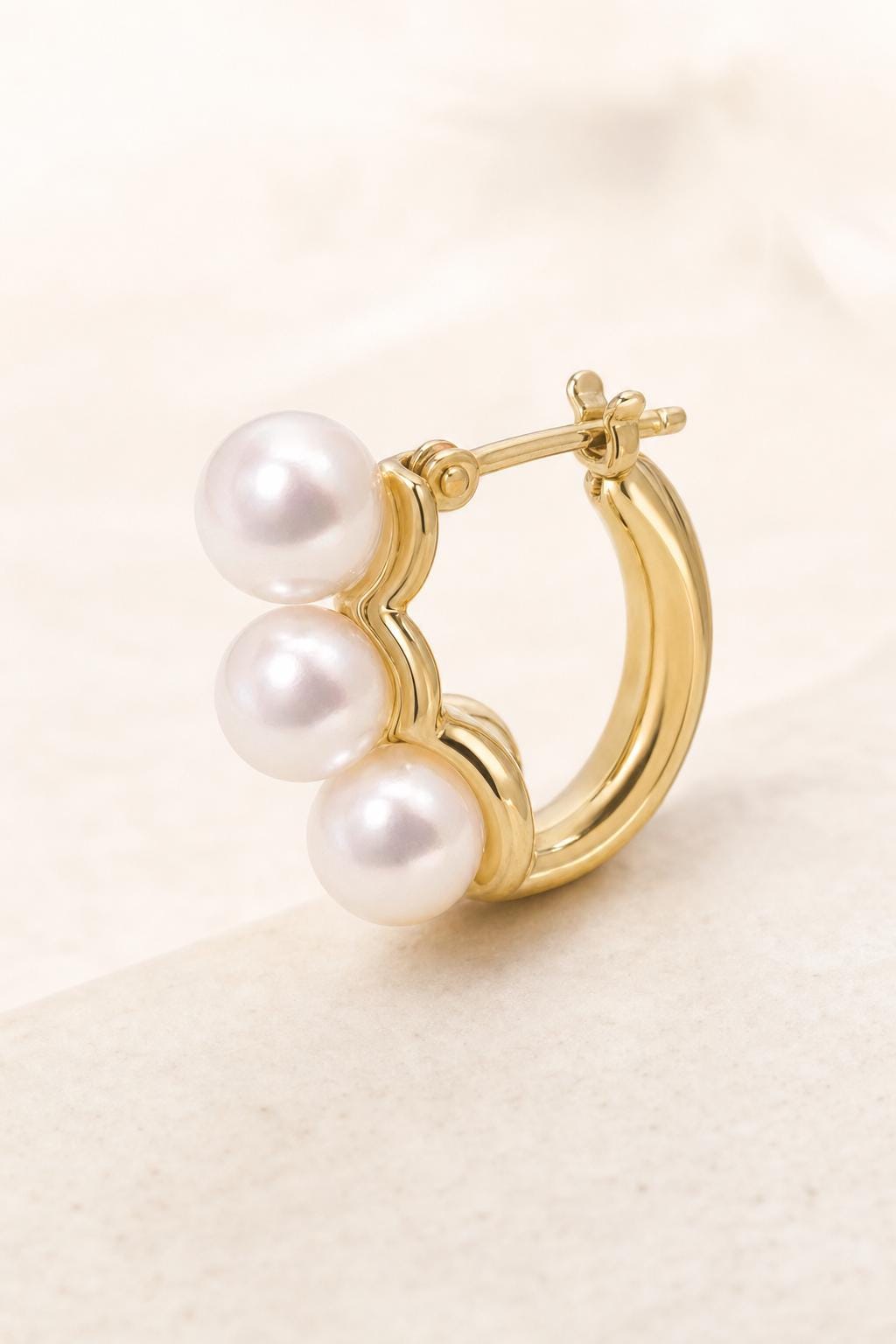 Japanese Akoya Pearl Hoop Earrings | 18K Solid Gold Three Pearl Huggies