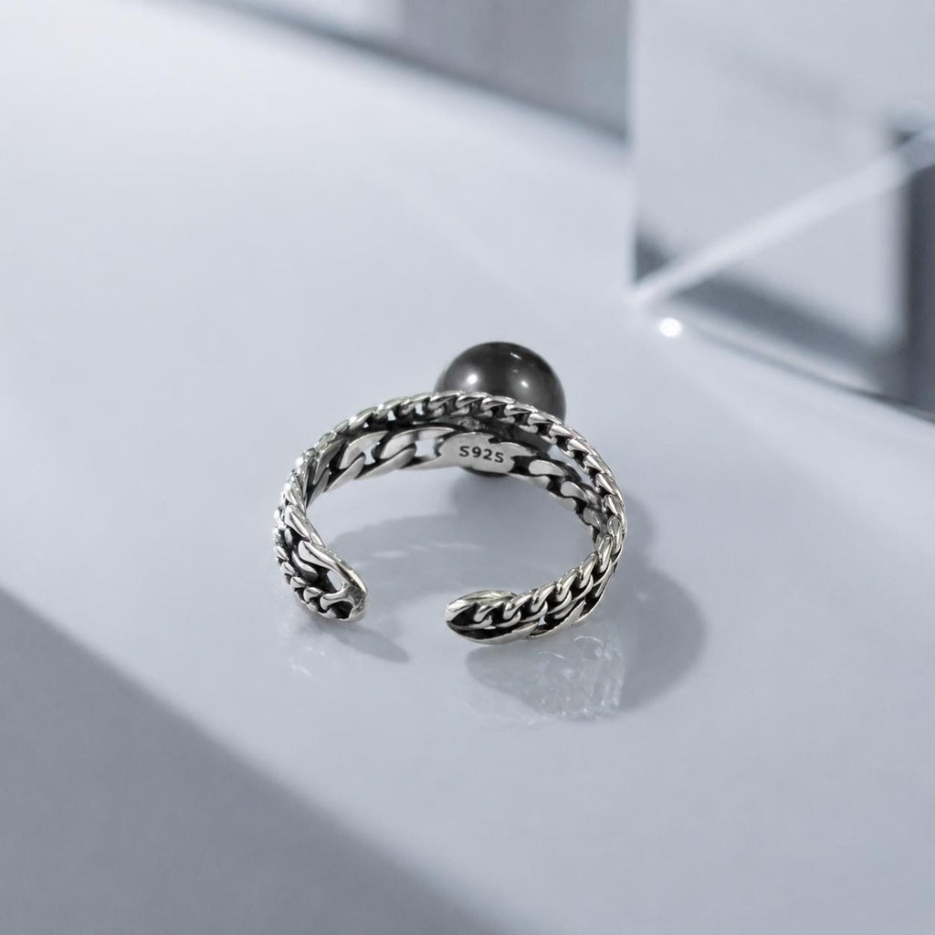 Tahitian Black Pearl Ring Adjustable | Sterling Silver Chain Ring