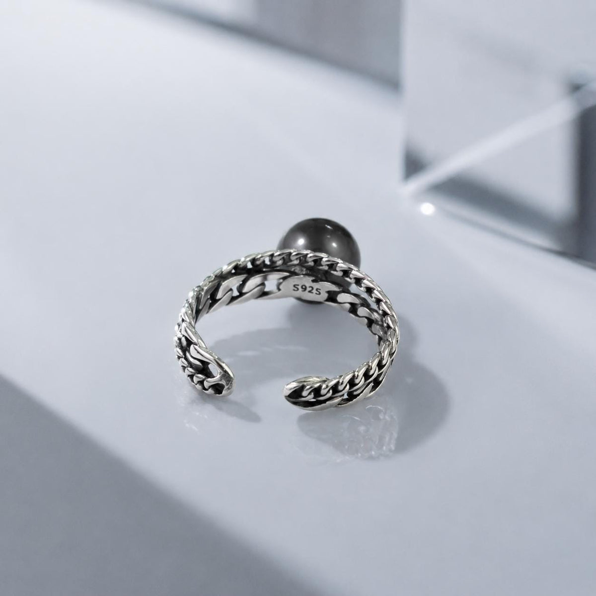 Tahitian Black Pearl Ring Adjustable | Sterling Silver Chain Ring