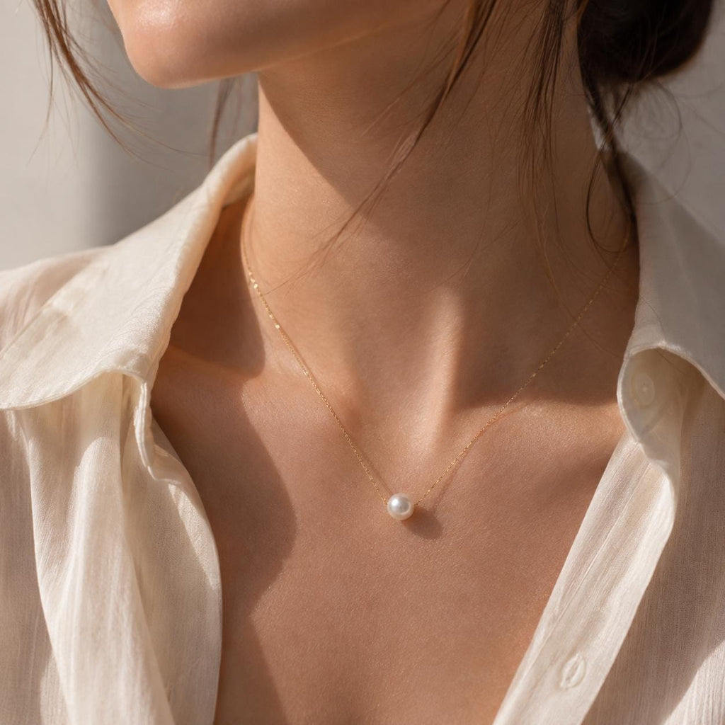 Japanese Akoya Pearl Necklace | Solid 18K Gold, Floating Pearl Pendant, Made in Japan