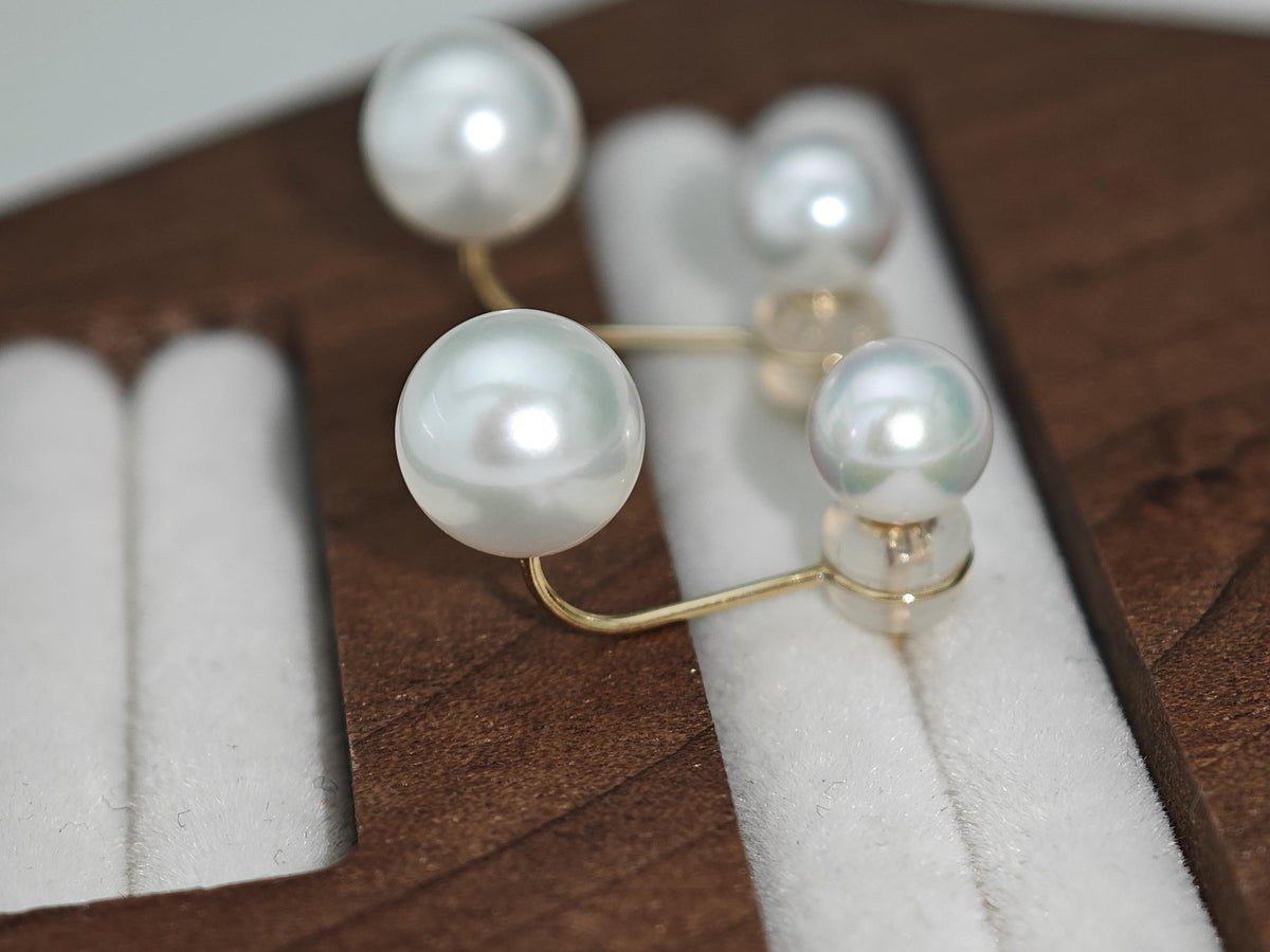 Japanese Akoya Pearl Ear Jackets • 18K Solid Gold Double Pearl Earrings