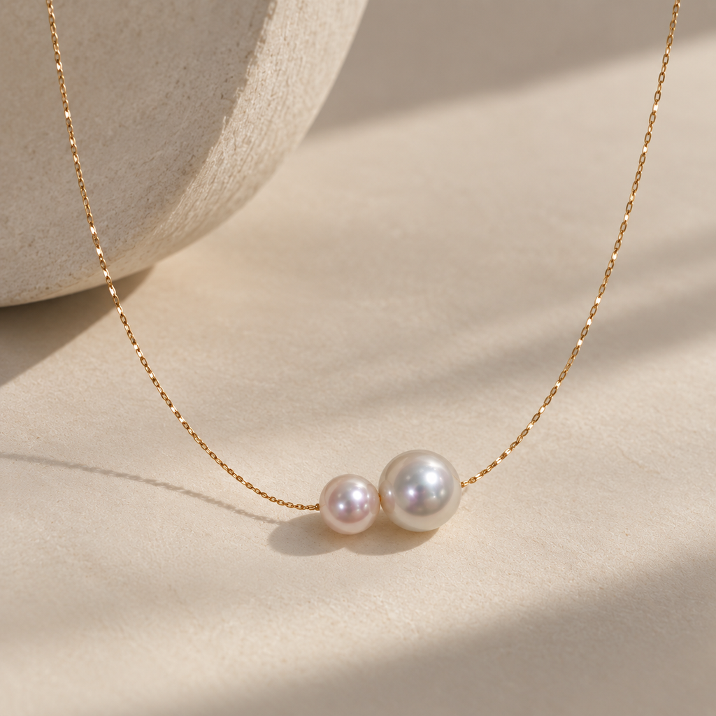Japanese Akoya Double Pearl Necklace | Solid 18K Gold, Two Akoya Pearls, Made in Japan