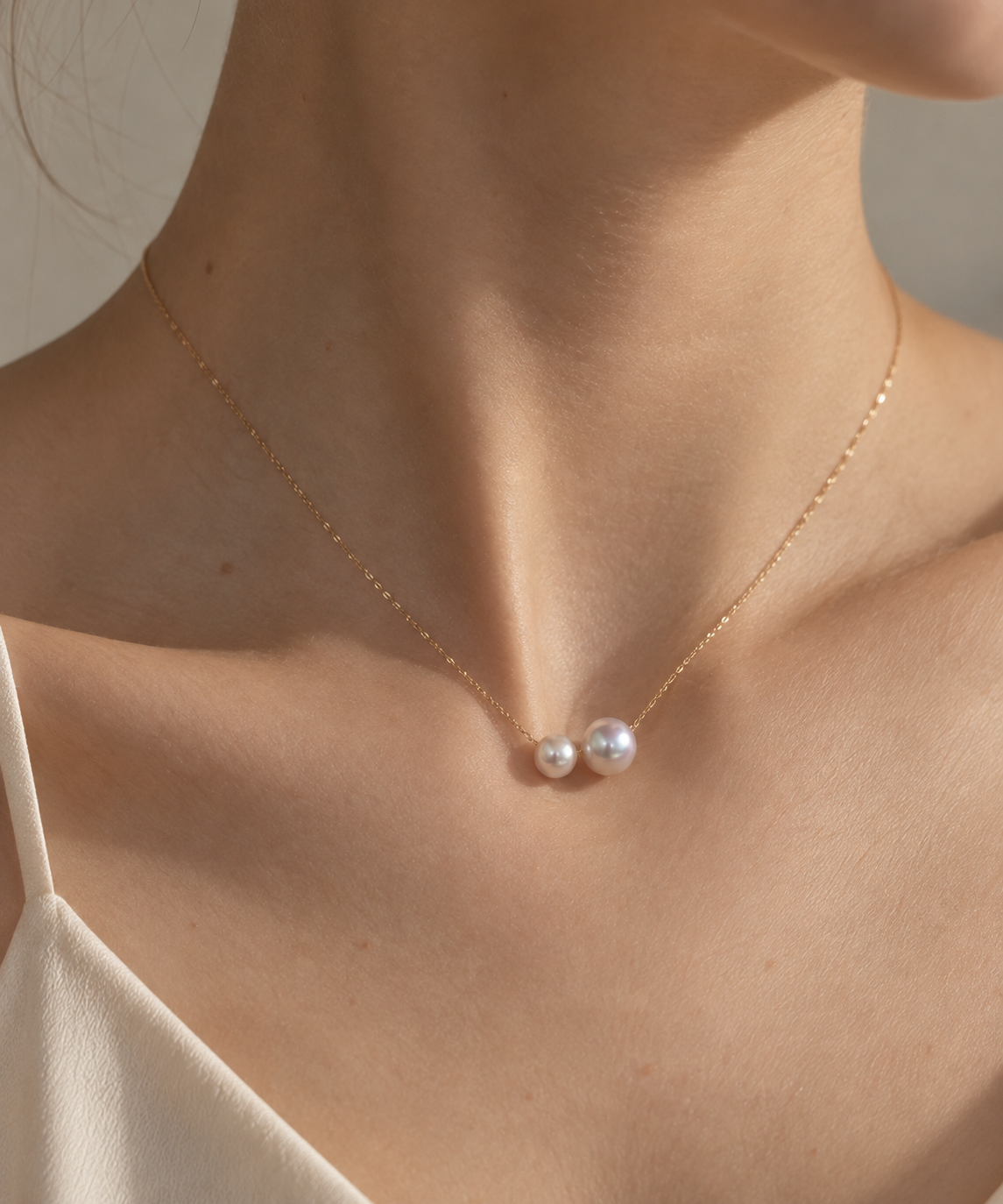 Japanese Akoya Double Pearl Necklace | Solid 18K Gold, Two Akoya Pearls, Made in Japan