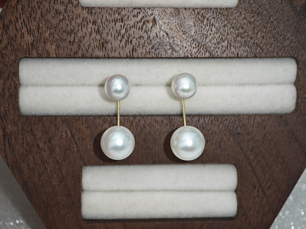 Japanese Akoya Pearl Ear Jackets • 18K Solid Gold Double Pearl Earrings