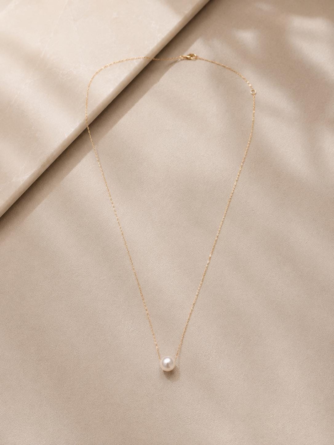 Japanese Akoya Pearl Necklace | Solid 18K Gold, Floating Pearl Pendant, Made in Japan