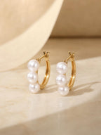 Japanese Akoya Pearl Hoop Earrings | 18K Solid Gold Three Pearl Huggies