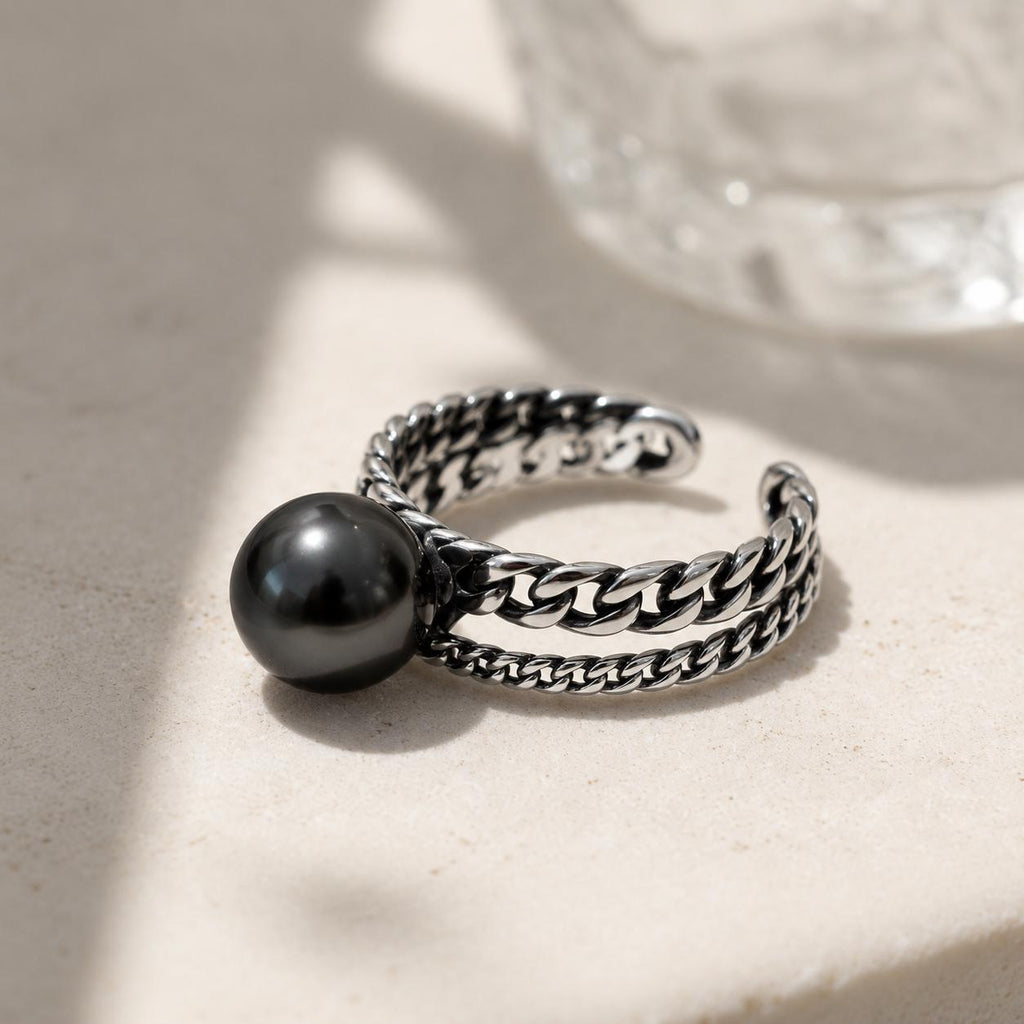 Tahitian Black Pearl Ring Adjustable | Sterling Silver Chain Ring