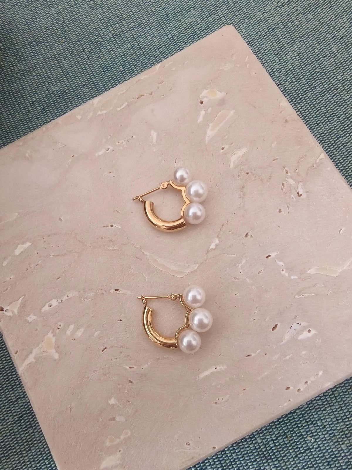 Japanese Akoya Pearl Hoop Earrings | 18K Solid Gold Three Pearl Huggies
