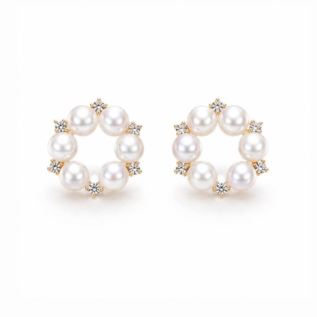 Japanese Akoya Pearl Wreath Earrings • 18K Gold Diamond Floral Studs