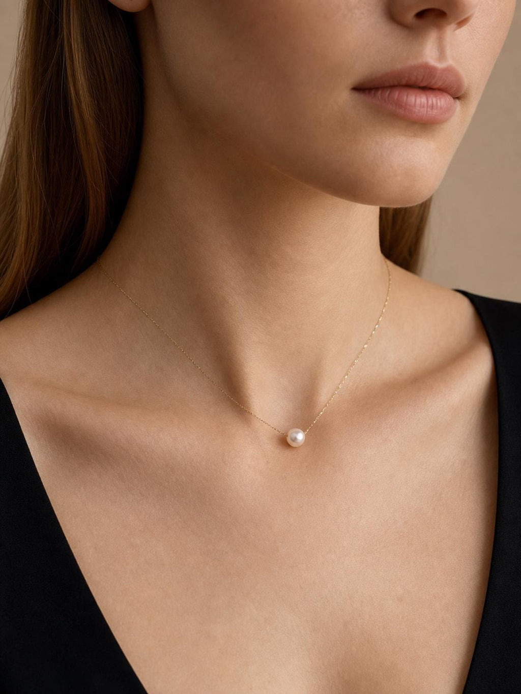 Japanese Akoya Pearl Necklace | Solid 18K Gold, Floating Pearl Pendant, Made in Japan